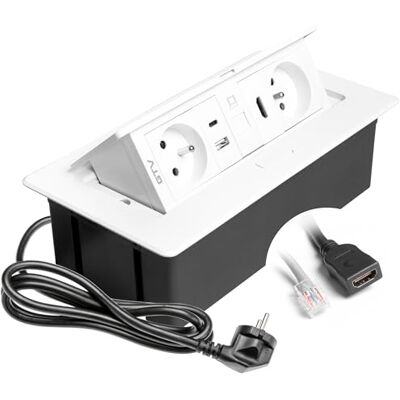 GTV – Gniazdo do zabudowy MULTISOFT białe z 2 gniazdami z uziemieniem, USB A+C, RJ45, HDMI 2.0, wpuszczane z pokrywą, kabel 1,5 m, idealne do kuchni, biura lub stołu konferencyjnego GTV – Gniazdo do zabudowy MULTISOFT białe z 2 gniazdami z uziemieniem, USB A+C, RJ45, HDMI 2.0, wpuszczane z pokrywą, kabel 1,5 m, idealne do kuchni, biura lub stołu konferencyjnego