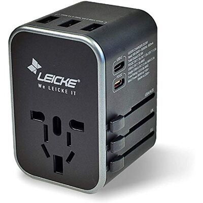LEICKE Uniwersalny adapter podróżny międzynarodowa wtyczka podróżna AC adapter do gniazda wtykowego, 6,5 A do 3 portów USB A i 2 typu C do ponad 224 krajów z wtyczkami US/UE/UK/AUS LEICKE Uniwersalny adapter podróżny międzynarodowa wtyczka podróżna AC adapter do gniazda wtykowego, 6,5 A do 3 portów USB A i 2 typu C do ponad 224 krajów z wtyczkami US/UE/UK/AUS
