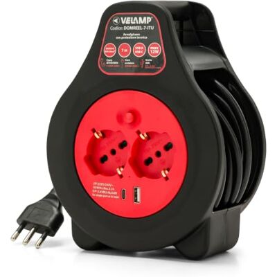 Velamp Przewód elektryczny na bębnie o długości 7 metrów – dwa włoskie gniazda Schuko 10/16 A + dwa porty USB (USB-A + USB-C). Przedłużacz z przewodem 1,0 mm², zabezpieczenie termiczne, kompaktowa Velamp Przewód elektryczny na bębnie o długości 7 metrów – dwa włoskie gniazda Schuko 10/16 A + dwa porty USB (USB-A + USB-C). Przedłużacz z przewodem 1,0 mm², zabezpieczenie termiczne, kompaktowa