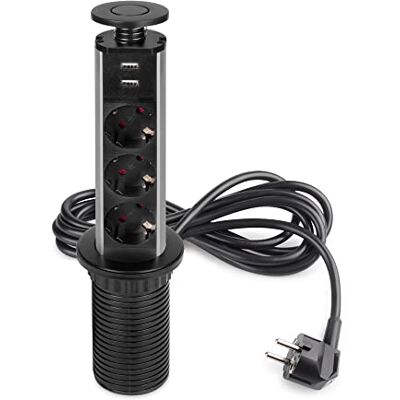 Emuca Gniazdowa listwa zasilająca wysuwana Vertikal, 3 wtyczki UE/ 2 wtyczki USB, Malowane na czarno, Plastik i Aluminium Emuca Gniazdowa listwa zasilająca wysuwana Vertikal, 3 wtyczki UE/ 2 wtyczki USB, Malowane na czarno, Plastik i Aluminium