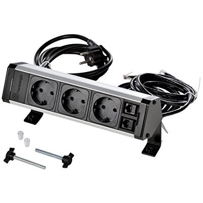 Kopp 939628014 VersaDESK listwa zasilająca, 2RJ-45/11 złącza CAT 6 UTP, kabel przyłączeniowy i kabel do transmisji danych 2 m, IP20, 3400 W, 250 V, anodowane czarno aluminium 3-krotne + 2 RJ45 Kopp 939628014 VersaDESK listwa zasilająca, 2RJ-45/11 złącza CAT 6 UTP, kabel przyłączeniowy i kabel do transmisji danych 2 m, IP20, 3400 W, 250 V, anodowane czarno aluminium 3-krotne + 2 RJ45