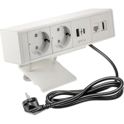 GTV Gniazdo meblowe BAR, wiele gniazd, 2 x gniazdo Schuko, 1 x USB A, 1 x USB C, 1 x RJ45 1 x HDMI, długość kabla 1,5 m, kolor biały, do biurka, blatu stołu, kuchni i biura GTV Gniazdo meblowe BAR, wiele gniazd, 2 x gniazdo Schuko, 1 x USB A, 1 x USB C, 1 x RJ45 1 x HDMI, długość kabla 1,5 m, kolor biały, do biurka, blatu stołu, kuchni i biura