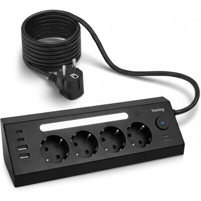 huslog Listwa zasilająca z 4 gniazdami Schuko, 4 porty USB (2 × USB-C i 2 × USB-A), lampka nocna LED, ochrona przed przepięciem, 3680 W, gniazdo wielokrotne z przełącznikiem, możliwość montażu na huslog Listwa zasilająca z 4 gniazdami Schuko, 4 porty USB (2 × USB-C i 2 × USB-A), lampka nocna LED, ochrona przed przepięciem, 3680 W, gniazdo wielokrotne z przełącznikiem, możliwość montażu na