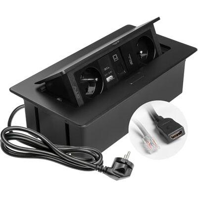 GTV – Gniazdo do zabudowy MULTISOFT czarne z 2 gniazdami z uziemieniem, USB A+C, RJ45, HDMI 2.0, wpuszczane z pokrywą, kabel 1,5 m, idealne do kuchni, biura lub stołu konferencyjnego GTV – Gniazdo do zabudowy MULTISOFT czarne z 2 gniazdami z uziemieniem, USB A+C, RJ45, HDMI 2.0, wpuszczane z pokrywą, kabel 1,5 m, idealne do kuchni, biura lub stołu konferencyjnego