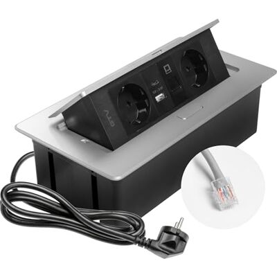 GTV – Gniazdo do zabudowy MULTISOFT aluminium z 2 x Schuko, USB A+C, RJ45, wpuszczane z pokrywą, kabel 1,5 m, idealne na biurko, stół konferencyjny lub blat kuchenny GTV – Gniazdo do zabudowy MULTISOFT aluminium z 2 x Schuko, USB A+C, RJ45, wpuszczane z pokrywą, kabel 1,5 m, idealne na biurko, stół konferencyjny lub blat kuchenny