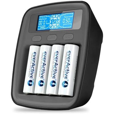 everActive Inteligentna ładowarka do akumulatorów AAA/AA Ni-MH/Ni-Cd, LCD, USB-C, 4 sloty, tryby ładowania/rozładowania/testowania everActive Inteligentna ładowarka do akumulatorów AAA/AA Ni-MH/Ni-Cd, LCD, USB-C, 4 sloty, tryby ładowania/rozładowania/testowania