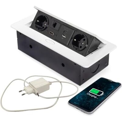 Avilia Biurko elektryczne podtynkowe gniazdo wtykowe z 2 gniazdami Schuko, USB A+C, RJ45, HDMI blokada wysuwanych gniazd wtykowych, kolor biały, 265 x 120 mm Avilia Biurko elektryczne podtynkowe gniazdo wtykowe z 2 gniazdami Schuko, USB A+C, RJ45, HDMI blokada wysuwanych gniazd wtykowych, kolor biały, 265 x 120 mm