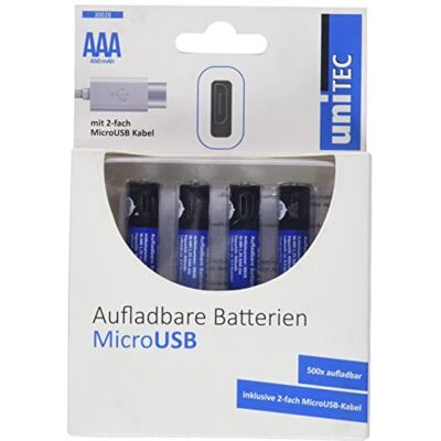 Unitec Akumulator ładowany przez micro USB, 4 x AAA wraz z kablem do ładowania z 2 portami USB Unitec Akumulator ładowany przez micro USB, 4 x AAA wraz z kablem do ładowania z 2 portami USB