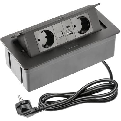 GTV – Gniazdo do zabudowy MULTISOFT czarne z 2 gniazdami Schuko, USB A+C, RJ45, chowane z pokrywą, kabel 1,5 m, idealne na biurko, stół konferencyjny lub blat kuchenny GTV – Gniazdo do zabudowy MULTISOFT czarne z 2 gniazdami Schuko, USB A+C, RJ45, chowane z pokrywą, kabel 1,5 m, idealne na biurko, stół konferencyjny lub blat kuchenny