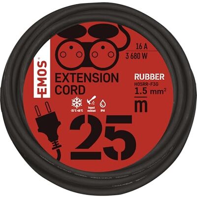 EMOS przedłużacz IP44 25 m, 2 gniazda, wodoodporny, odporny na uderzenia, wysoką i niską temperaturę, 230 V 16 A 3680 W, H05RR-F3G 1,5 mm², zewnętrzny, czarny EMOS przedłużacz IP44 25 m, 2 gniazda, wodoodporny, odporny na uderzenia, wysoką i niską temperaturę, 230 V 16 A 3680 W, H05RR-F3G 1,5 mm², zewnętrzny, czarny