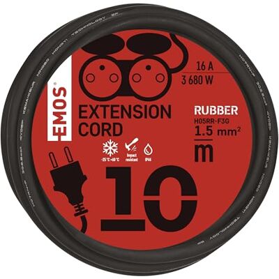 EMOS przedłużacz IP44 10 m, 2 gniazda, wodoodporny, odporny na uderzenia, wysoką i niską temperaturę, 230 V 16 A 3680 W, H05RR-F3G 1,5 mm², zewnętrzny, czarny EMOS przedłużacz IP44 10 m, 2 gniazda, wodoodporny, odporny na uderzenia, wysoką i niską temperaturę, 230 V 16 A 3680 W, H05RR-F3G 1,5 mm², zewnętrzny, czarny