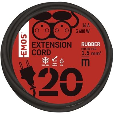 EMOS przedłużacz IP44 20 m, 2 gniazda, wodoodporny, odporny na uderzenia, wysoką i niską temperaturę, 230 V 16 A 3680 W, H05RR-F3G 1,5 mm², zewnętrzny, czarny EMOS przedłużacz IP44 20 m, 2 gniazda, wodoodporny, odporny na uderzenia, wysoką i niską temperaturę, 230 V 16 A 3680 W, H05RR-F3G 1,5 mm², zewnętrzny, czarny