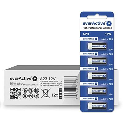 everActive A23,12 V, 55 mAh, baterie, alkaliczne, MN21, V23GA, LR23A, MS21, 60 sztuk – 12 blistrów everActive A23,12 V, 55 mAh, baterie, alkaliczne, MN21, V23GA, LR23A, MS21, 60 sztuk – 12 blistrów