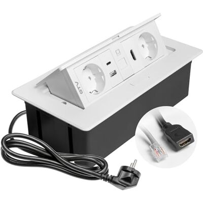 GTV – Gniazdo do zabudowy MULTISOFT białe z 2 gniazdami Schuko, USB A+C, RJ45, HDMI 2.0, osłona, chowana, kabel 1,5 m, na biurko, stół konferencyjny, do kuchni lub domowego biura GTV – Gniazdo do zabudowy MULTISOFT białe z 2 gniazdami Schuko, USB A+C, RJ45, HDMI 2.0, osłona, chowana, kabel 1,5 m, na biurko, stół konferencyjny, do kuchni lub domowego biura