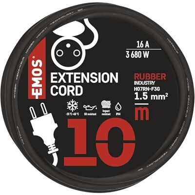 EMOS Przedłużacz IP44 10 m 1 gniazdo francuskie wodoszczelny, odporny na uderzenia, temperaturę i olej 230 V, 16 A, 3680 W izolacja gumowa H07RN-F3G 1,5 mm2 do użytku na zewnątrz EMOS Przedłużacz IP44 10 m 1 gniazdo francuskie wodoszczelny, odporny na uderzenia, temperaturę i olej 230 V, 16 A, 3680 W izolacja gumowa H07RN-F3G 1,5 mm2 do użytku na zewnątrz