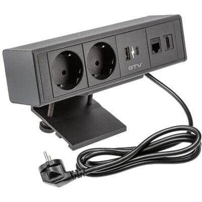 GTV Gniazdo meblowe BAR, wiele gniazd, 2 x gniazdo Schuko, 1 x USB A, 1 x USB C, 1 x RJ45 1 x HDMI, długość kabla 1,5 m, kolor czarny, do biurka, blatu stołu, kuchni i biura GTV Gniazdo meblowe BAR, wiele gniazd, 2 x gniazdo Schuko, 1 x USB A, 1 x USB C, 1 x RJ45 1 x HDMI, długość kabla 1,5 m, kolor czarny, do biurka, blatu stołu, kuchni i biura