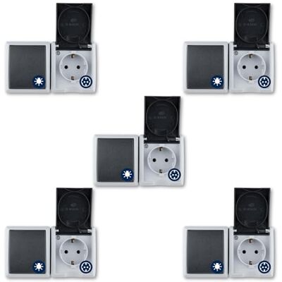 REV AquaForm zestaw 5 x gniazdko elektryczne – A/W, IP44, dwubiegunowe, natynkowe, poziome, szare REV AquaForm zestaw 5 x gniazdko elektryczne – A/W, IP44, dwubiegunowe, natynkowe, poziome, szare