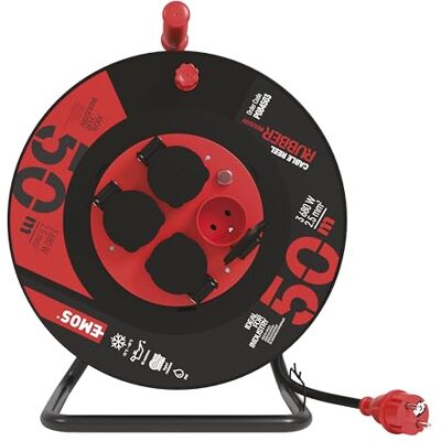 EMOS Przedłużacz bębnowy 50 m wzmocniony, 4 gniazda, IP44, wodoodporny, odporny na temperatury, 230 V 16 A 3680 W, H07RN-F3G 2,5 mm², zewnętrzny EMOS Przedłużacz bębnowy 50 m wzmocniony, 4 gniazda, IP44, wodoodporny, odporny na temperatury, 230 V 16 A 3680 W, H07RN-F3G 2,5 mm², zewnętrzny