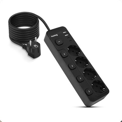 huslog Listwa zasilająca z przełącznikiem, 4-krotne gniazdo wtykowe z ochroną przed przepięciem, 2 USB-A i 2 USB-C, 3680 W, kabel 1,5 m, zabezpieczenie przed dziećmi, czarna huslog Listwa zasilająca z przełącznikiem, 4-krotne gniazdo wtykowe z ochroną przed przepięciem, 2 USB-A i 2 USB-C, 3680 W, kabel 1,5 m, zabezpieczenie przed dziećmi, czarna