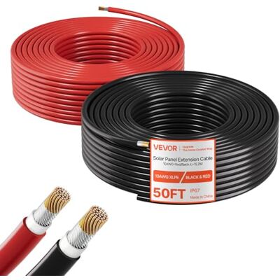 VEVOR Przedłużacz kabla solarnego, 15,2 m, czarny i czerwony 15,2 m, 10 AWG, ocynkowany kabel miedziany do niezależnych od sieci instalacji fotowoltaicznych w domu, pojazdach, RV, łodziach, IP67 VEVOR Przedłużacz kabla solarnego, 15,2 m, czarny i czerwony 15,2 m, 10 AWG, ocynkowany kabel miedziany do niezależnych od sieci instalacji fotowoltaicznych w domu, pojazdach, RV, łodziach, IP67