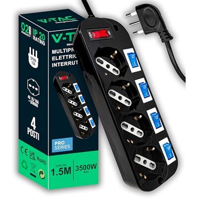 V-TAC Czarne 4-osobowe gniazdo elektryczne z niezależnymi przełącznikami 4 wejścia 10/16 A dwufazowe + Schuko wtyczka 16 A, listwa zasilająca do domu, biura, sklepu, kabel 1,5 m V-TAC Czarne 4-osobowe gniazdo elektryczne z niezależnymi przełącznikami 4 wejścia 10/16 A dwufazowe + Schuko wtyczka 16 A, listwa zasilająca do domu, biura, sklepu, kabel 1,5 m