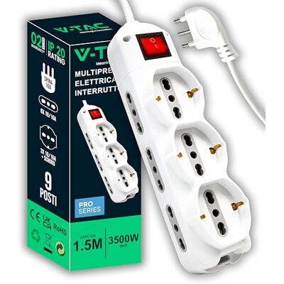 V-TAC Listwa zasilająca 9 gniazd elektrycznych z przełącznikiem i kablem 1,5 m, 6 gniazd bocznych 10/16 A, dwufazowe i 3 przednie 10/16 A, gniazdo wtykowe Shuko do domu, biura, sklepu wtyczka 16A V-TAC Listwa zasilająca 9 gniazd elektrycznych z przełącznikiem i kablem 1,5 m, 6 gniazd bocznych 10/16 A, dwufazowe i 3 przednie 10/16 A, gniazdo wtykowe Shuko do domu, biura, sklepu wtyczka 16A
