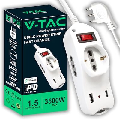 V-TAC Gniazdo elektryczne USB C Power Delivery 20 W + port + 2 gniazda boczne 10/16 A dwufazowe i 1 x przedni 10/16 A gniazdo wtykowe Schuko typu C, gniazdko do domu, biura V-TAC Gniazdo elektryczne USB C Power Delivery 20 W + port + 2 gniazda boczne 10/16 A dwufazowe i 1 x przedni 10/16 A gniazdo wtykowe Schuko typu C, gniazdko do domu, biura