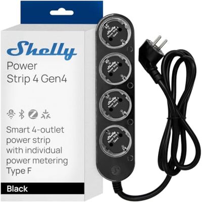 Shelly Power Strip 4 Gen4 Czarny Inteligentna Listwa Zasilająca Wi-Fi Bluetooth Zigbee Matter, 4 Gniazda Typ F Schuko, Indywidualny Pomiar Mocy, Wskaźnik LED, 16A 3680W, Alexa Google Apple Home Shelly Power Strip 4 Gen4 Czarny Inteligentna Listwa Zasilająca Wi-Fi Bluetooth Zigbee Matter, 4 Gniazda Typ F Schuko, Indywidualny Pomiar Mocy, Wskaźnik LED, 16A 3680W, Alexa Google Apple Home