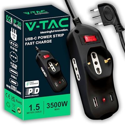 V-TAC Gniazdo elektryczne USB C Power Delivery 20 W + port + 2 gniazda boczne 10/16 A dwufazowe i 1 x przedni 10/16 A gniazdo wtykowe Schuko typu C, gniazdko do domu, biura V-TAC Gniazdo elektryczne USB C Power Delivery 20 W + port + 2 gniazda boczne 10/16 A dwufazowe i 1 x przedni 10/16 A gniazdo wtykowe Schuko typu C, gniazdko do domu, biura
