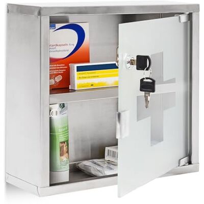 Relaxdays apteczka domowa EMERGENCY L, wisząca szafka na leki, zamykana, 2 półki, 30x30x12 cm, drzwi na magnes, srebrna Relaxdays apteczka domowa EMERGENCY L, wisząca szafka na leki, zamykana, 2 półki, 30x30x12 cm, drzwi na magnes, srebrna