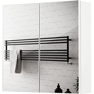 Meerveil Lustrzana szafka toaletowa lustro łazienkowe z 2 drzwiami pełne lustro 2 półki nowoczesne drewno, 45 x 13 x 45 cm białe Meerveil Lustrzana szafka toaletowa lustro łazienkowe z 2 drzwiami pełne lustro 2 półki nowoczesne drewno, 45 x 13 x 45 cm białe