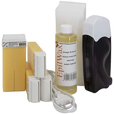 EpilWax Profesjonalny podgrzewacz do wosku z 4 wkładami z wosku waniliowego, 100 pasków do depilacji i oleju po depilacji seria Solo Black EpilWax Profesjonalny podgrzewacz do wosku z 4 wkładami z wosku waniliowego, 100 pasków do depilacji i oleju po depilacji seria Solo Black