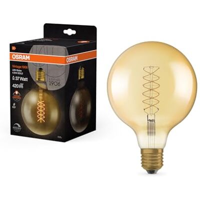 OSRAM Vintage 1906 przyciemniana złota lampa LED, 4,8 W, 420 lm, w kształcie kuli o średnicy 125 mm i trzonku E27, ciepłe białe światło, spiralny żarnik, ściemniana, żywotność do 15 000 godzin OSRAM Vintage 1906 przyciemniana złota lampa LED, 4,8 W, 420 lm, w kształcie kuli o średnicy 125 mm i trzonku E27, ciepłe białe światło, spiralny żarnik, ściemniana, żywotność do 15 000 godzin