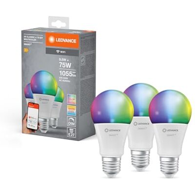 LEDVANCE Inteligentna lampa LED z technologią WiFi E27, optyka matowa, Możliwość zmiany kolorów RGBW, możliwość zmiany barwy światła (2700K-6500K), 1055 Lumen, zamiennik dla 75W, 3-pak LEDVANCE Inteligentna lampa LED z technologią WiFi E27, optyka matowa, Możliwość zmiany kolorów RGBW, możliwość zmiany barwy światła (2700K-6500K), 1055 Lumen, zamiennik dla 75W, 3-pak