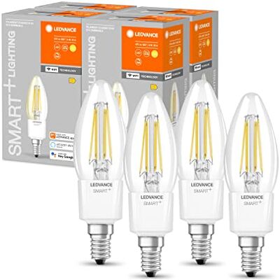 LEDVANCE Inteligentna żarówka LED z technologią Wifi, E14, ściemnianie, ciepła biel, przezroczysty żarnik, zamiennik żarówek 40W, możliwość sterowania za pomocą aplikacji Alexa, Google i innych, 4 pak LEDVANCE Inteligentna żarówka LED z technologią Wifi, E14, ściemnianie, ciepła biel, przezroczysty żarnik, zamiennik żarówek 40W, możliwość sterowania za pomocą aplikacji Alexa, Google i innych, 4 pak