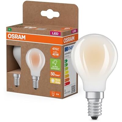 OSRAM LED Superstar Klasyczna lampa LED P 40 w klasycznym kształcie mini kuli, wykonana z matowego szkła, 2,2 W, 470 lm, trzonek E14, ciepłe białe światło o temperaturze 2700 K, EEK A, średnica 45 mm. OSRAM LED Superstar Klasyczna lampa LED P 40 w klasycznym kształcie mini kuli, wykonana z matowego szkła, 2,2 W, 470 lm, trzonek E14, ciepłe białe światło o temperaturze 2700 K, EEK A, średnica 45 mm.