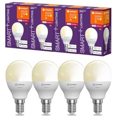 LEDVANCE Inteligentna lampa LED z technologią ZigBee E14, optyka matowa, Ciepła biel (2700K), 470 Lumen, zamiennik dla 40W, 4-pak LEDVANCE Inteligentna lampa LED z technologią ZigBee E14, optyka matowa, Ciepła biel (2700K), 470 Lumen, zamiennik dla 40W, 4-pak