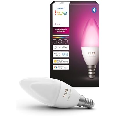Philips Smart Żarówka Świeca LED, B39, E14, 1 Szt., White and Color Ambiance, Pełne Spektrum 1000 K–20000 K, 500 lm, Bardzo Niski Poziom Przyciemniania, Chromasync, Alexa, Google Home, Apple Home Philips Smart Żarówka Świeca LED, B39, E14, 1 Szt., White and Color Ambiance, Pełne Spektrum 1000 K–20000 K, 500 lm, Bardzo Niski Poziom Przyciemniania, Chromasync, Alexa, Google Home, Apple Home