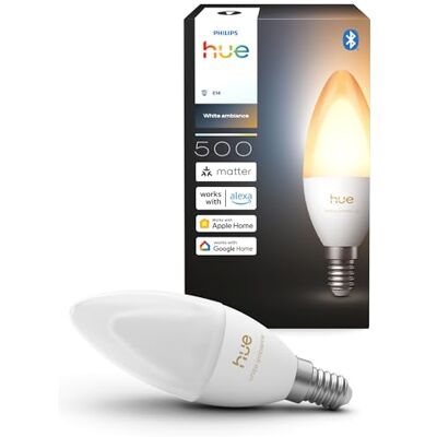 Philips Smart Żarówka Świeca LED, B39, E14, White Ambiance, Pełne Spektrum 1000 K–20000 K, 500 lm, Bardzo Niski Poziom Przyciemniania, Chromasync, Alexa, Google Home, Apple Home, 1 szt. Philips Smart Żarówka Świeca LED, B39, E14, White Ambiance, Pełne Spektrum 1000 K–20000 K, 500 lm, Bardzo Niski Poziom Przyciemniania, Chromasync, Alexa, Google Home, Apple Home, 1 szt.