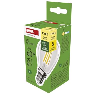 EMOS Żarówka LED Edison Mini Globe, 3,8 W, zamiennik żarówki 60 W, klasa A, oprawa E14, jasność 806 lm, ciepła biel 2700 K, długa żywotność 50 000 h, CRI min. 80, kąt świecenia 360° EMOS Żarówka LED Edison Mini Globe, 3,8 W, zamiennik żarówki 60 W, klasa A, oprawa E14, jasność 806 lm, ciepła biel 2700 K, długa żywotność 50 000 h, CRI min. 80, kąt świecenia 360°