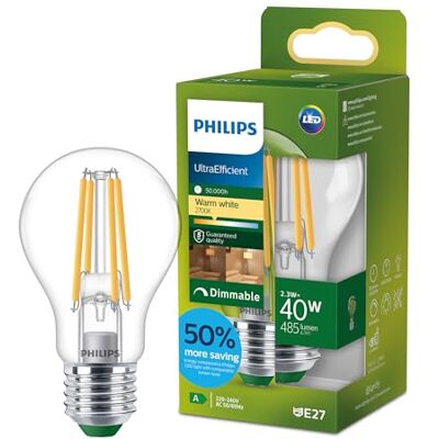 Philips LED UltraEfficient przezroczysta żarówka A60 z włóknem, trzonek E27, klasa energetyczna A, 485 lm, odpowiednik 40W, ciepła biel (2700K), ściemnialna, EyeComfort, 50 000 godzin, 1 szt. Philips LED UltraEfficient przezroczysta żarówka A60 z włóknem, trzonek E27, klasa energetyczna A, 485 lm, odpowiednik 40W, ciepła biel (2700K), ściemnialna, EyeComfort, 50 000 godzin, 1 szt.