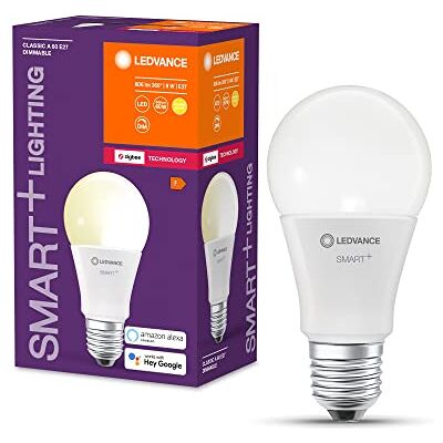 LEDVANCE Inteligentna lampa LED z technologią ZigBee E27, optyka matowa, Ciepła biel (2700K), 806 Lumen, zamiennik dla 60W, 4-pak LEDVANCE Inteligentna lampa LED z technologią ZigBee E27, optyka matowa, Ciepła biel (2700K), 806 Lumen, zamiennik dla 60W, 4-pak