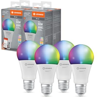 LEDVANCE SMART+ Lampa LED WIFI, biały matowa, 9W, 806lm, klasyczny kształt żarówki z trzonkiem E27, kolorowe światło i białe światło, sterowanie aplikacją lub głosem, żywotność 4 szt. LEDVANCE SMART+ Lampa LED WIFI, biały matowa, 9W, 806lm, klasyczny kształt żarówki z trzonkiem E27, kolorowe światło i białe światło, sterowanie aplikacją lub głosem, żywotność 4 szt.