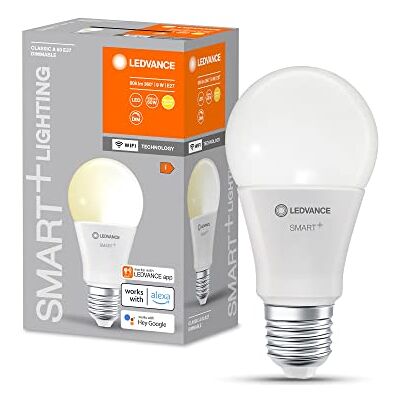 LEDVANCE SMART+ Lampa LED WIFI, biały matowa, 9W, 806lm, kształt żarówki z trzonkiem E27, ciepłe białe światło przy 2700K, możliwość przyciemniania, sterowanie przez aplikację lub głos, 4 szt. LEDVANCE SMART+ Lampa LED WIFI, biały matowa, 9W, 806lm, kształt żarówki z trzonkiem E27, ciepłe białe światło przy 2700K, możliwość przyciemniania, sterowanie przez aplikację lub głos, 4 szt.