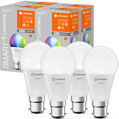 LEDVANCE Smart LED z technologią WiFi, trzonek B22d, możliwość ściemniania, zmiana barwy światła (2700-6500K), możliwość zmiany kolorów RGB, zastępuje żarówki 60W, 4-pak LEDVANCE Smart LED z technologią WiFi, trzonek B22d, możliwość ściemniania, zmiana barwy światła (2700-6500K), możliwość zmiany kolorów RGB, zastępuje żarówki 60W, 4-pak