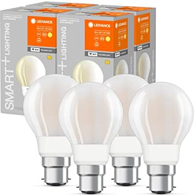 LEDVANCE Inteligentna żarówka LED z technologią Wifi, B22d, ściemnianie, ciepła biel, kształt żarówki matowy, zamiennik żarówek 60W, możliwość sterowania za pomocą Alexa, Google i innych, 4 pak LEDVANCE Inteligentna żarówka LED z technologią Wifi, B22d, ściemnianie, ciepła biel, kształt żarówki matowy, zamiennik żarówek 60W, możliwość sterowania za pomocą Alexa, Google i innych, 4 pak