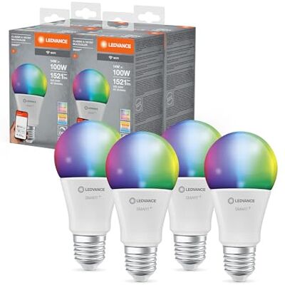 LEDVANCE SMART+ Lampa LED WIFI, matowa, 14W, 1521lm, klasyczny kształt żarówki z trzonkiem E27, kolorowe światło i białe światło, sterowanie aplikacją lub głosem,4 szt. LEDVANCE SMART+ Lampa LED WIFI, matowa, 14W, 1521lm, klasyczny kształt żarówki z trzonkiem E27, kolorowe światło i białe światło, sterowanie aplikacją lub głosem,4 szt.