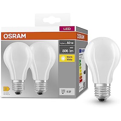 OSRAM Base Classic a Glfr 60 Lampa LED z Podstawą E27, Kształt Tłoka, Podwójny Pakiet, 6.5 W, 806LM, 2700K, Ciepłe Białe Światło, Niski Rozwój Ciepła, Długa Żywotność OSRAM Base Classic a Glfr 60 Lampa LED z Podstawą E27, Kształt Tłoka, Podwójny Pakiet, 6.5 W, 806LM, 2700K, Ciepłe Białe Światło, Niski Rozwój Ciepła, Długa Żywotność