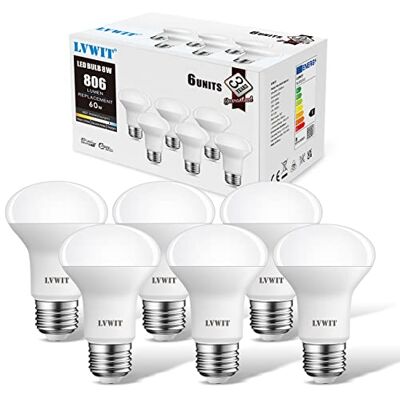 LVWIT R63 reflektor E27 żarówka LED, 6 sztuk, 8,5 W, światło dzienne, białe, 6500 K, 806 lm, 60 W, zamiennik, nieściemnialna żarówka reflektorowa LVWIT R63 reflektor E27 żarówka LED, 6 sztuk, 8,5 W, światło dzienne, białe, 6500 K, 806 lm, 60 W, zamiennik, nieściemnialna żarówka reflektorowa