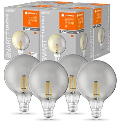 LEDVANCE Inteligentna lampa LED z technologią Wifi, E27, ściemnianie, ciepła biel, przezroczysty żarnik w przydymionym szkle, zamiennik żarówek 48W, możliwość sterowania za pomocą Alexa, Google, 4-pak LEDVANCE Inteligentna lampa LED z technologią Wifi, E27, ściemnianie, ciepła biel, przezroczysty żarnik w przydymionym szkle, zamiennik żarówek 48W, możliwość sterowania za pomocą Alexa, Google, 4-pak